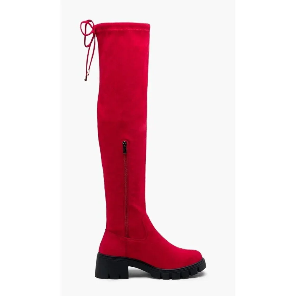Women's Platform Boots-990-red Over The Knee Thigh High Round Toe Long Boot